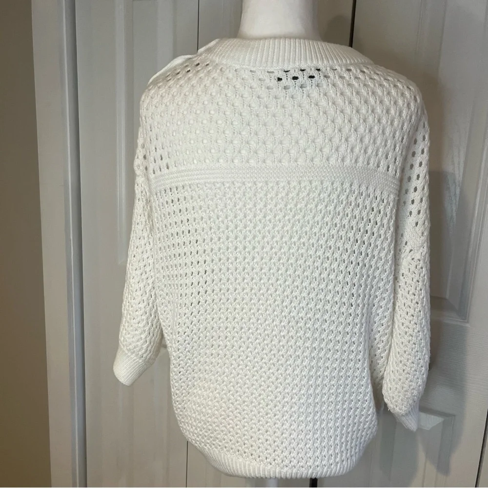 J Crew, White Sweater with Intricate Open-Weave Design and large buttons, Size M
